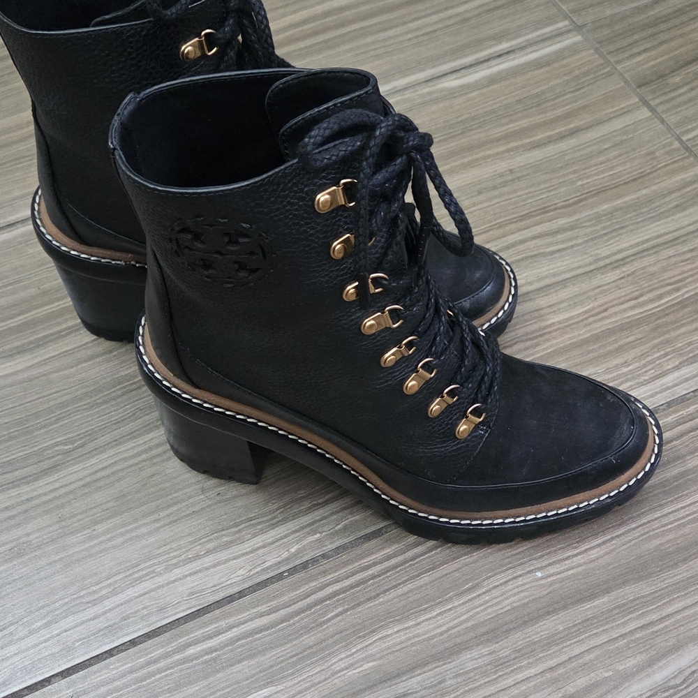 Tory Burch Black Lace-Up Boots with Gold Accents